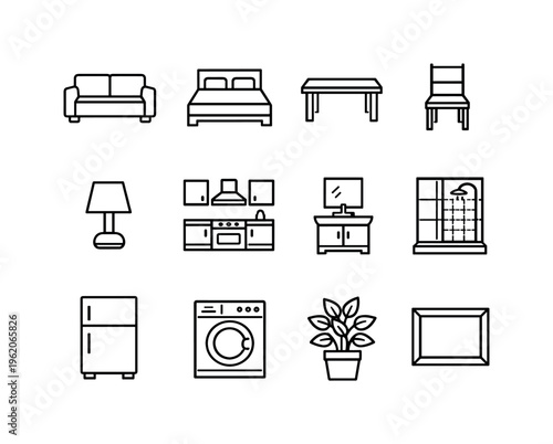 Home living set: sofa, bed, table, chair, lamp, kitchen, bathroom, shower, refrigerator, washing machine, plant, picture frame
