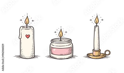 Simple candle set theme  a horizontal row of 3 related hand-drawn objects on a white background, featuring a tall candle with a tiny red heart on the wax, a