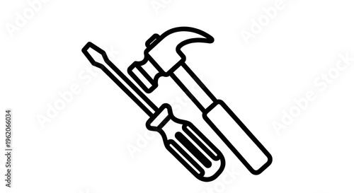 Construction Tools Set Icon Hammer and Screwdriver Line Art Style Minimal Vector Design in transparent background