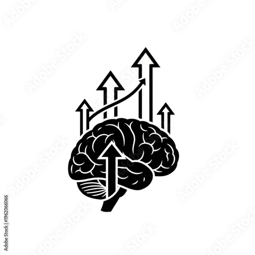 A black and white vector graphic illustration of a brain with arrows pointing upwards, symbolizing growth and intelligence.