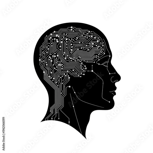 A black silhouette of a human head with circuit board design inside the brain, representing artificial intelligence and technology