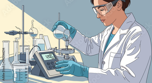 Scientist in lab coat carefully measures liquid with pipette near various glassware.