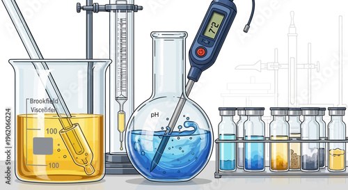 Scientist measuring temperature of colorful liquids in laboratory equipment with thermometer and tubes on a table
