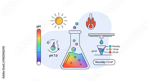 A colorful chemistry experiment with a beaker, thermometer, and flask in a laboratory setting with science equipment.