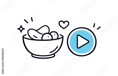 Relaxed personal free time and enjoying light comforting moments during everyday leisure activities at home, a minimal snack bowl combined with a small play icon symbolizing casual