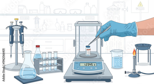 A gloved hand carefully places a substance on a laboratory scale surrounded by various science equipment and glassware in a lab setting.