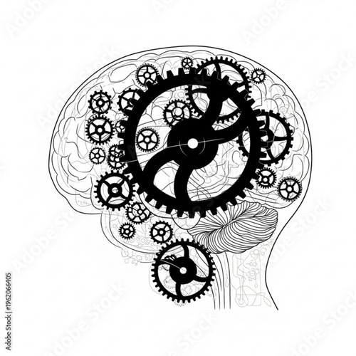 A black and white vector illustration of a human head with gears and cogs inside the brain, representing creativity and innovation