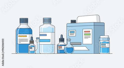 A collection of various medicine bottles and containers on a shelf indoors.