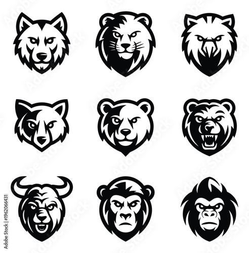 Set of nine black and white animal head featuring a wolf lion eagle fox bear grizzly bull monkey and gorilla in a bold style
