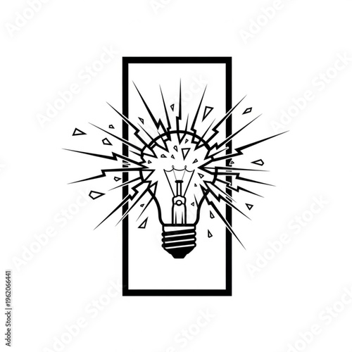 A black and white vector graphic illustration of a lightbulb with explosive lines and shapes bursting out of it