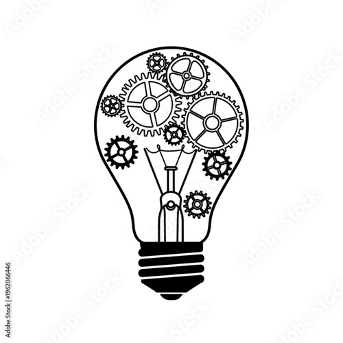 A minimalist vector graphic of a lightbulb with gears inside, symbolizing ideas and innovation
