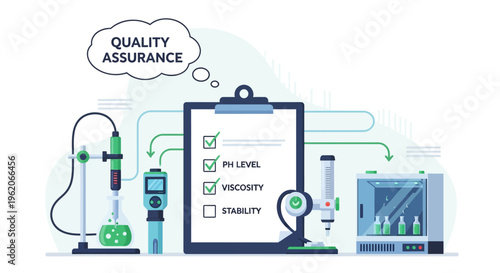 Quality assurance team checks pH level, viscosity, and stability in a laboratory with various scientific equipment and a clipboard.