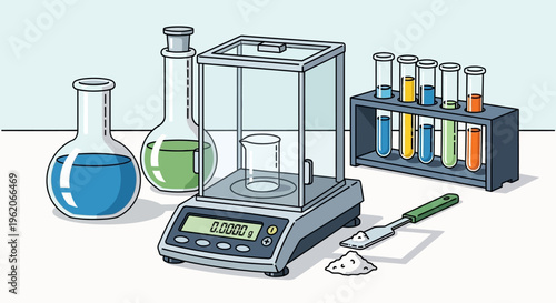Scientist measures chemicals on a digital scale with various lab equipment nearby in a laboratory.