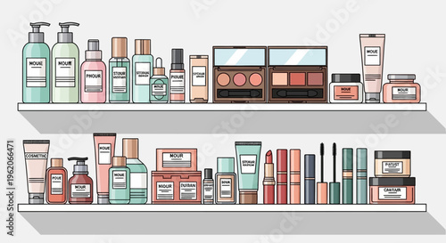 The collection of cosmetics displayed on two shelves indoors.