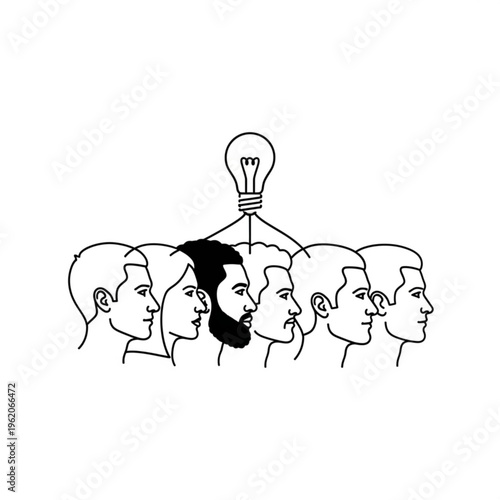 A minimalist line art illustration of a group of diverse people with a lightbulb above them, symbolizing ideas and teamwork