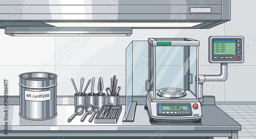 A laboratory technician prepares equipment and tools on a stainless steel counter next to a digital scale and a metal container in a cleanroom environment.