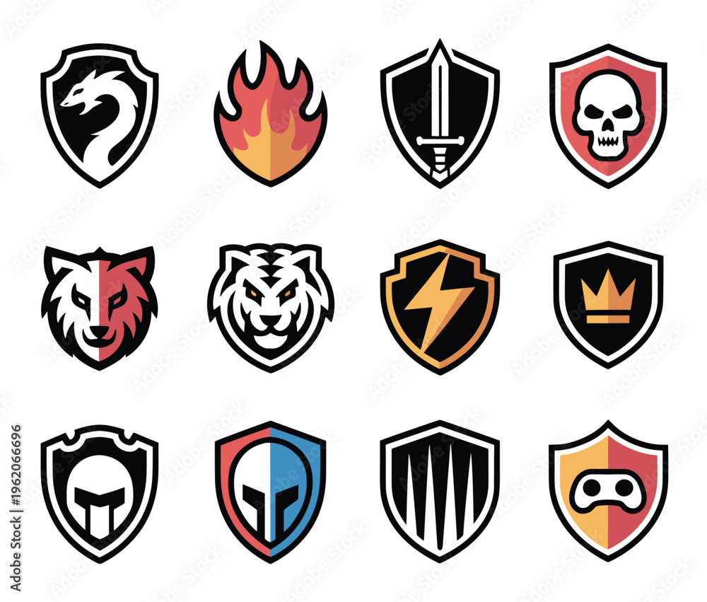 Fototapeta premium Twelve gaming emblems featuring shields and animal mascots including a dragon skull wolf tiger sword lightning bolt crown helmet and game controller