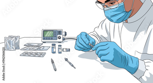 A medical professional prepares a vaccine in a clinic setting with equipment and supplies
