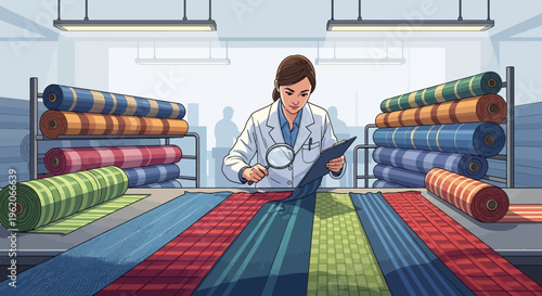 Quality control specialist examines colorful fabric rolls in a warehouse setting carefully