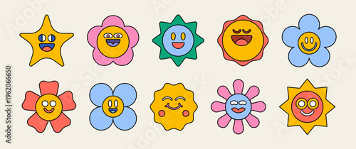 Cute colorful cartoon flower and sun mascots with happy smiling faces