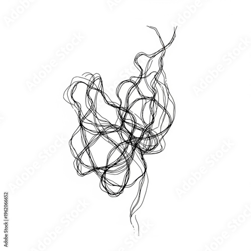 A minimalist vector graphic illustration of tangled black lines on a white background