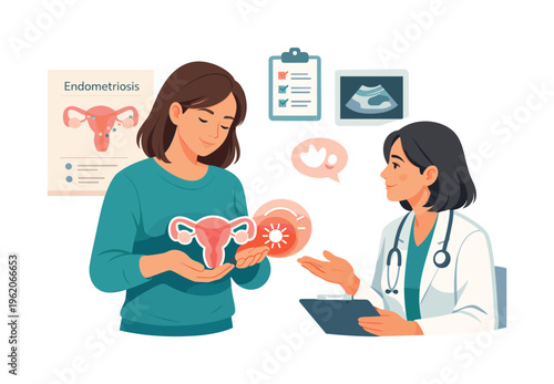 Womens health awareness scene showing a person learning about endometriosis and managing symptoms through informed care and medical support, with a character gently holding a