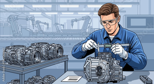 A man in a blue shirt assembles an engine at a workbench in a factory.