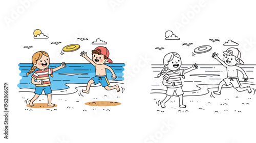 Children Playing Frisbee on the Beach Cartoon Illustration and Line Art Version for Kids Coloring Page Summer Vacation Activity and Outdoor Fun