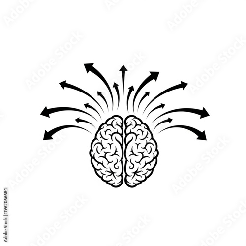 A vector graphic illustration of a brain with multiple arrows radiating outward, symbolizing ideas and creativity