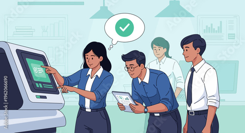 People interact with technology devices in an office setting daily