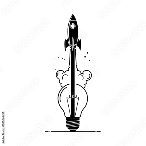 A black and white vector graphic illustration of a rocket launching from a lightbulb