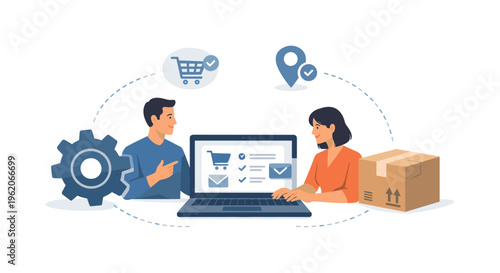E-commerce automation and streamlined online business operations in a digital marketplace environment, represented by a laptop connected to a single gear and a delivery box