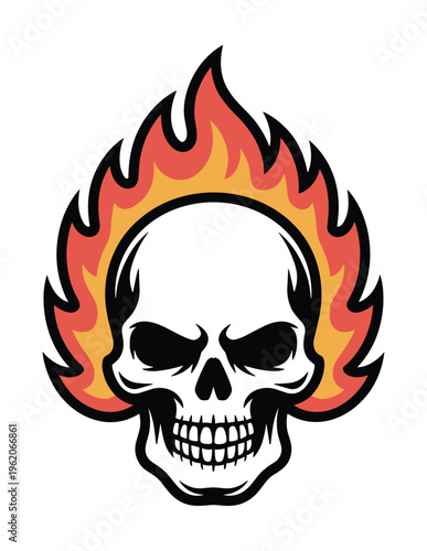 Human skull with stylized orange and yellow flames rising behind the cranium featuring bold black outlines and a flat aesthetic on a white background