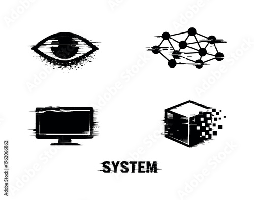 Artificial intelligence interface theme  a set of four glitch-distorted monochrome tech icons positioned with generous separation on a perfectly clean white