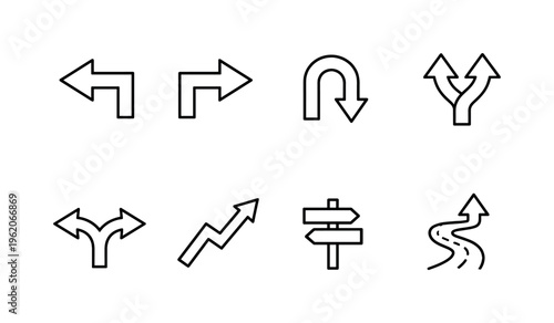 Navigation arrow symbols: turn left arrow, turn right arrow, U turn arrow, merge arrows, diverging arrows, zigzag arrow, direction sign arrow, pathway arrow