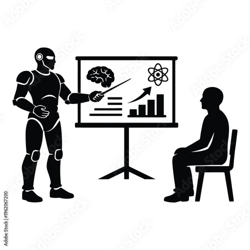 Robot presenting data to a seated person, symbolizing AI and business analytics, artificial intelligence