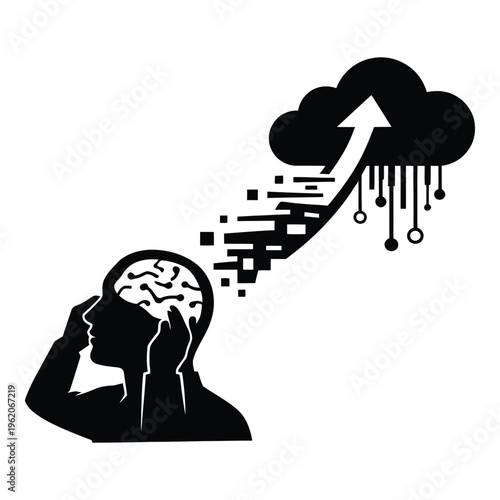 Silhouette of a person with brain releasing data to cloud, symbolizing cloud computing, artificial intelligence