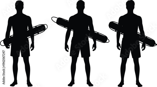Black silhouette collection of three male lifeguards holding rescue tubes and standing in different poses isolated on white background vector