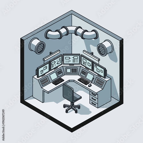 Isometric Control Room Illustration with Multiple Monitors and Ventilation.