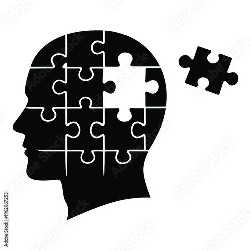 Human head profile made of puzzle pieces with one piece missing, symbolizing thought
