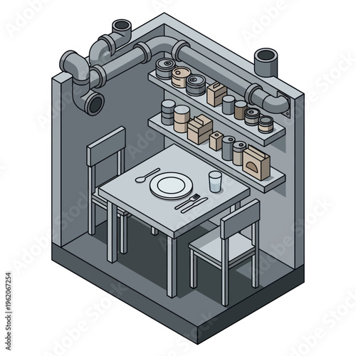 Isometric Illustration of a Basement Dining Area with Shelves.