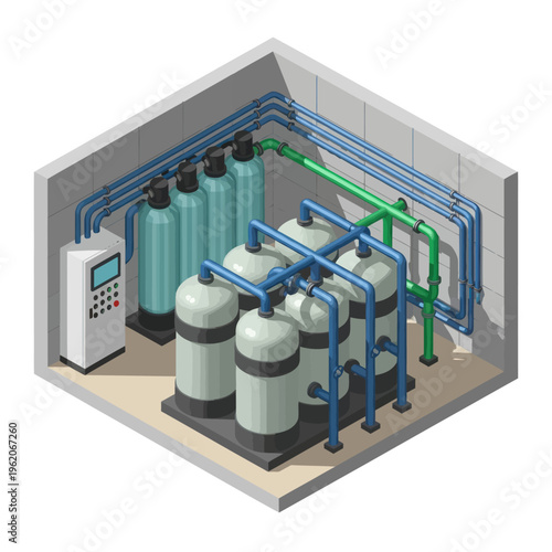 Isometric Water Treatment Plant Illustration with Tanks and Piping.