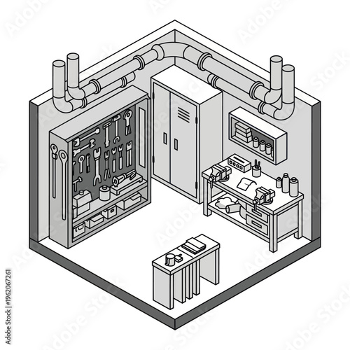 Isometric Workshop Interior with Tools and Storage.