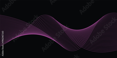 Elegant purple wave lines on a black background forming a smooth, flowing pattern. Perfect for sound, music, tech, or abstract digital themes. dark background.