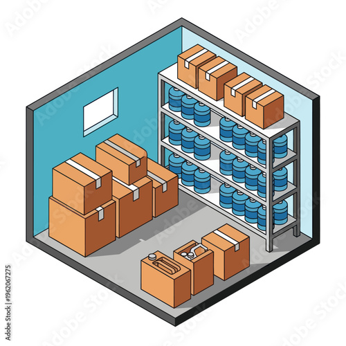 Isometric Storage Room Illustration with Shelves and Boxes.
