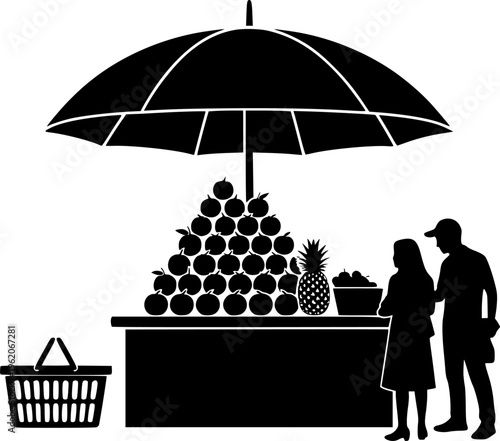 Solid black silhouette of a street fruit market stall with an umbrella and customers, minimalist grocery shopping and vendor vector illustration isolated on white.