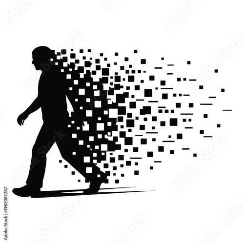 Man silhouette dissolving into squares, representing data, digital transformation, or end