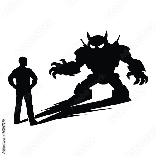 Man facing a large robot with glowing eyes, representing fear or confrontation