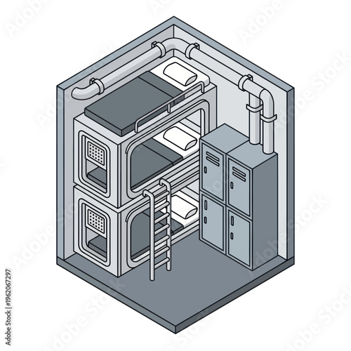 Isometric Illustration of a Capsule Hotel Room with Bunk Beds.