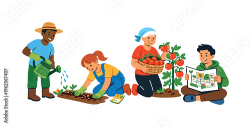 Wide horizontal editorial illustration of four diverse characters in a community garden: one watering with a can, one kneeling planting seeds, one harvesting